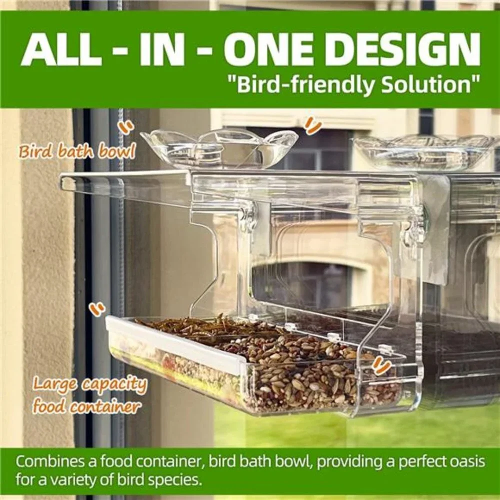 Window Bird Feeder with Non-Marking Self-Adhesive Hooks, Clear and Transparent